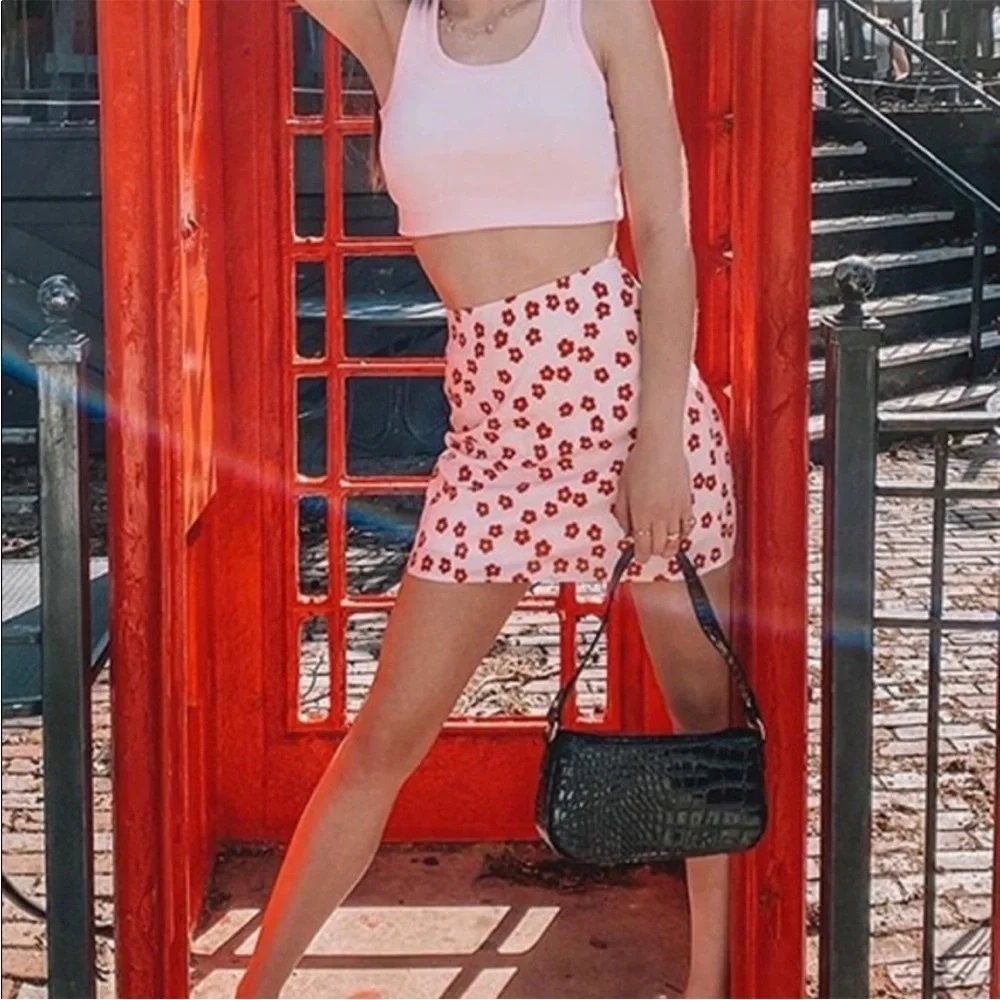 SHEIN mini skirt pink red retro floral dopamine small